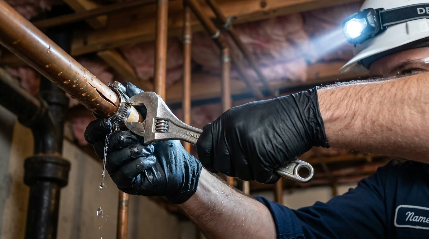 Emergency pipe clamp repair being performed by a Johns Plumbing LLC plumber in Warren