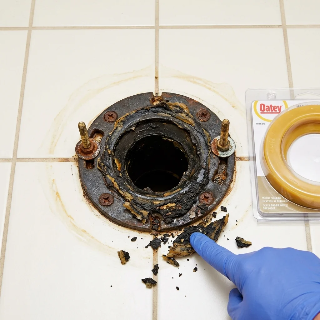 Failed wax ring showing water seepage at the base of a toilet in a Warren, MN home