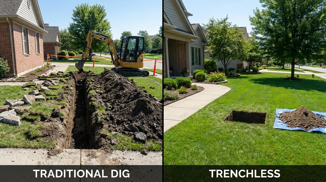 Trenchless sewer repair with minimal yard damage versus traditional excavation in Warren, MN